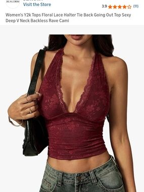 Lace Halter Deep V Cami Top - Burgundy
